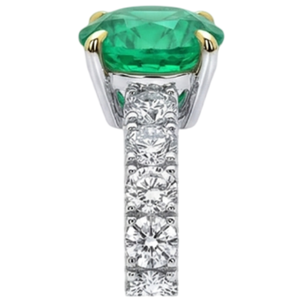 natural round emerald 4ct ring on white background