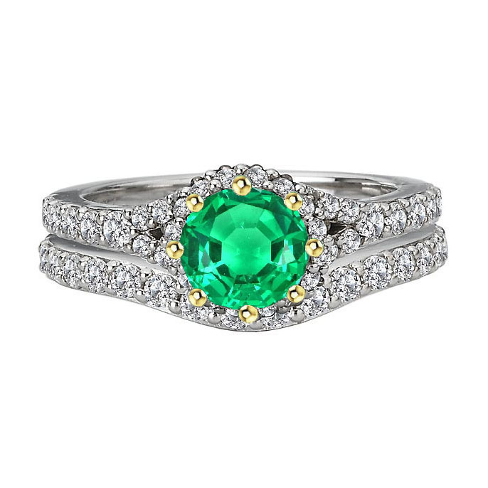 Sparkling Green Emerald & Diamond Ring Set 14K Gold 