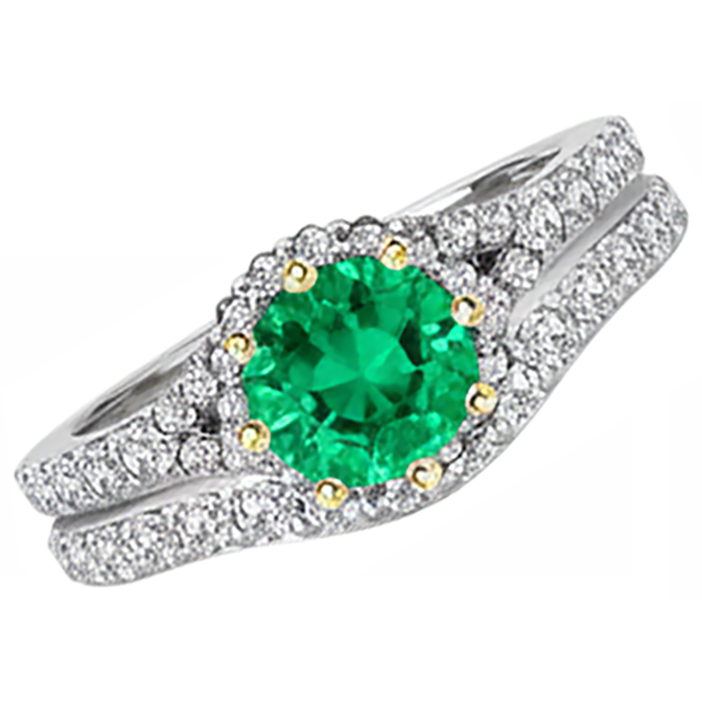 Natural Real ( Not Lab Grown ) Sparkling Green Emerald GIA & Diamond Ring Set 14K Gold