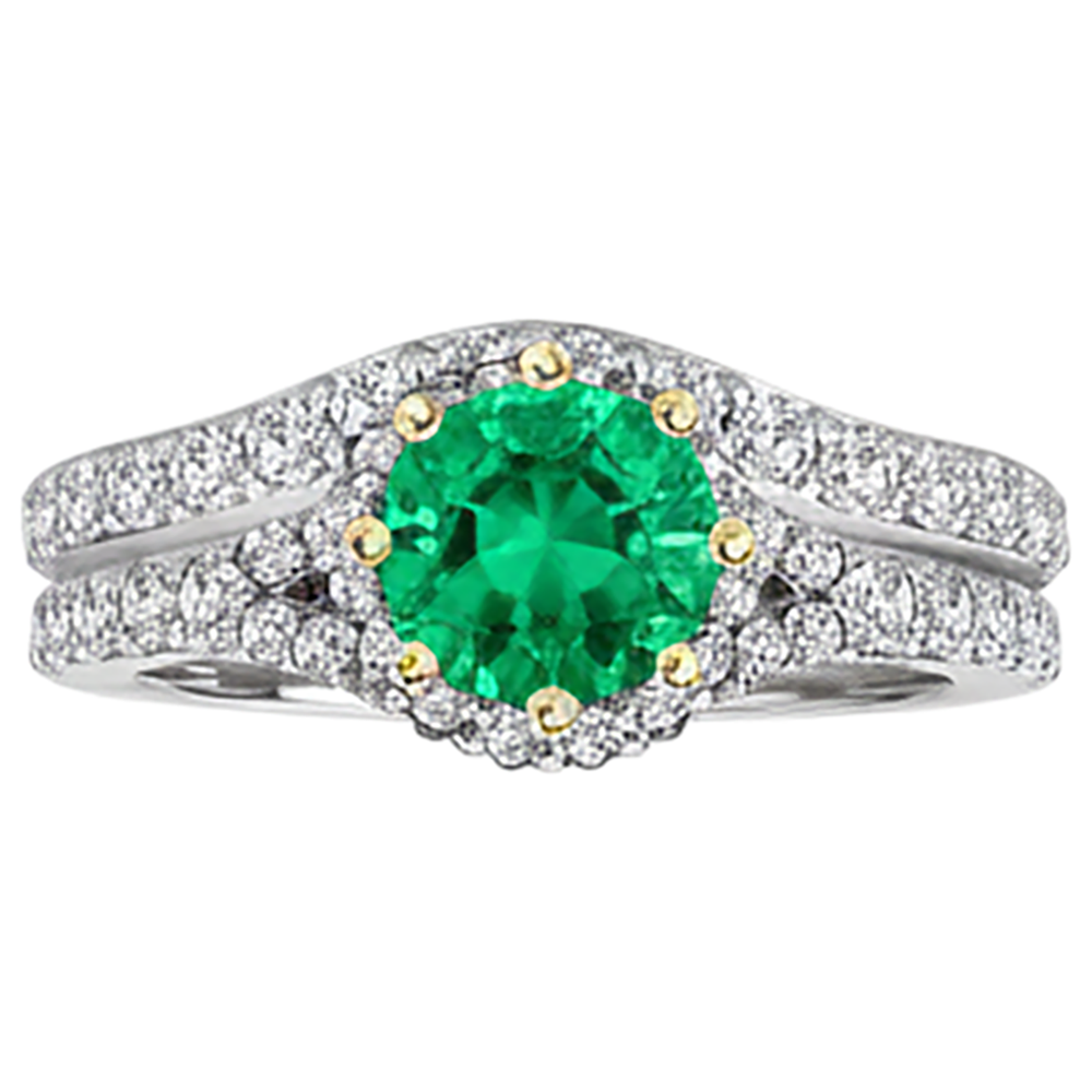 Natural Real ( Not Lab Grown ) Sparkling Green Emerald GIA & Diamond Ring Set 14K Gold