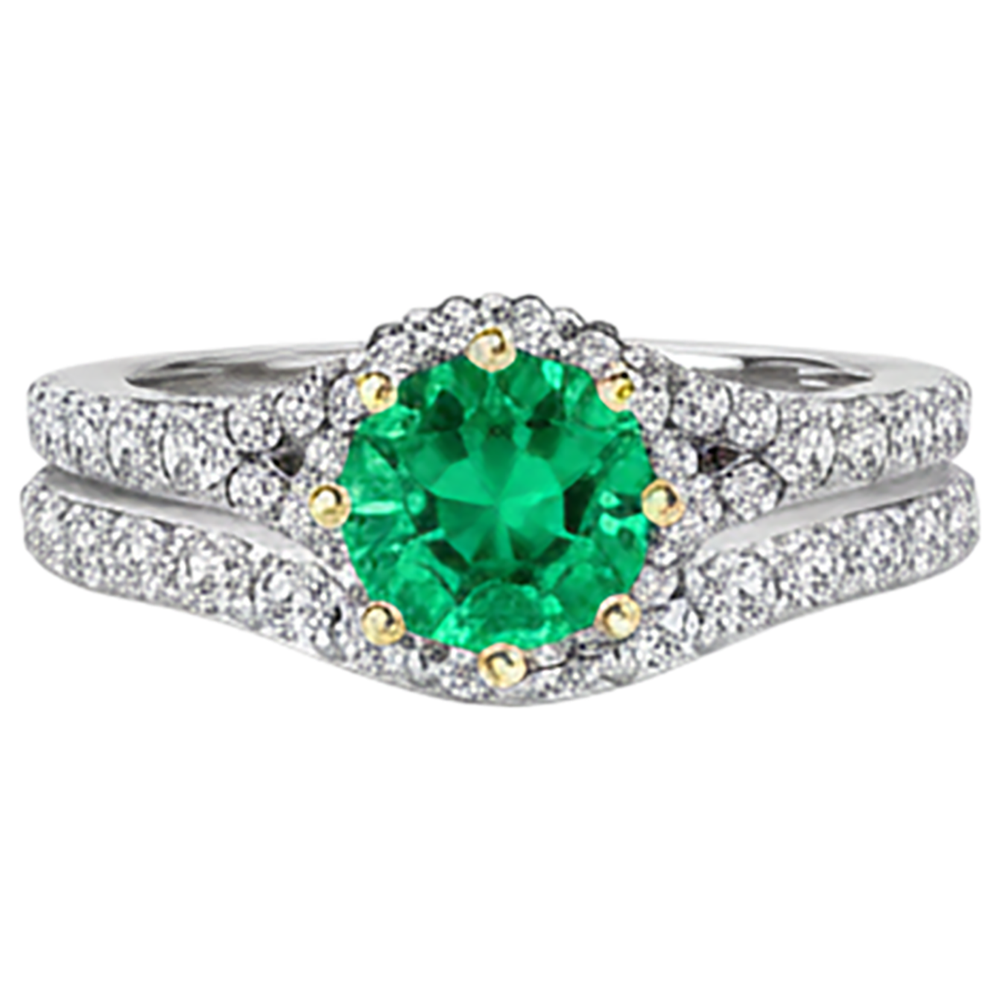 Natural Real ( Not Lab Grown ) Sparkling Green Emerald GIA & Diamond Ring Set 14K Gold