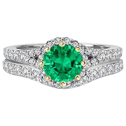 Natural Real ( Not Lab Grown ) Sparkling Green Emerald GIA & Diamond Ring Set 14K Gold