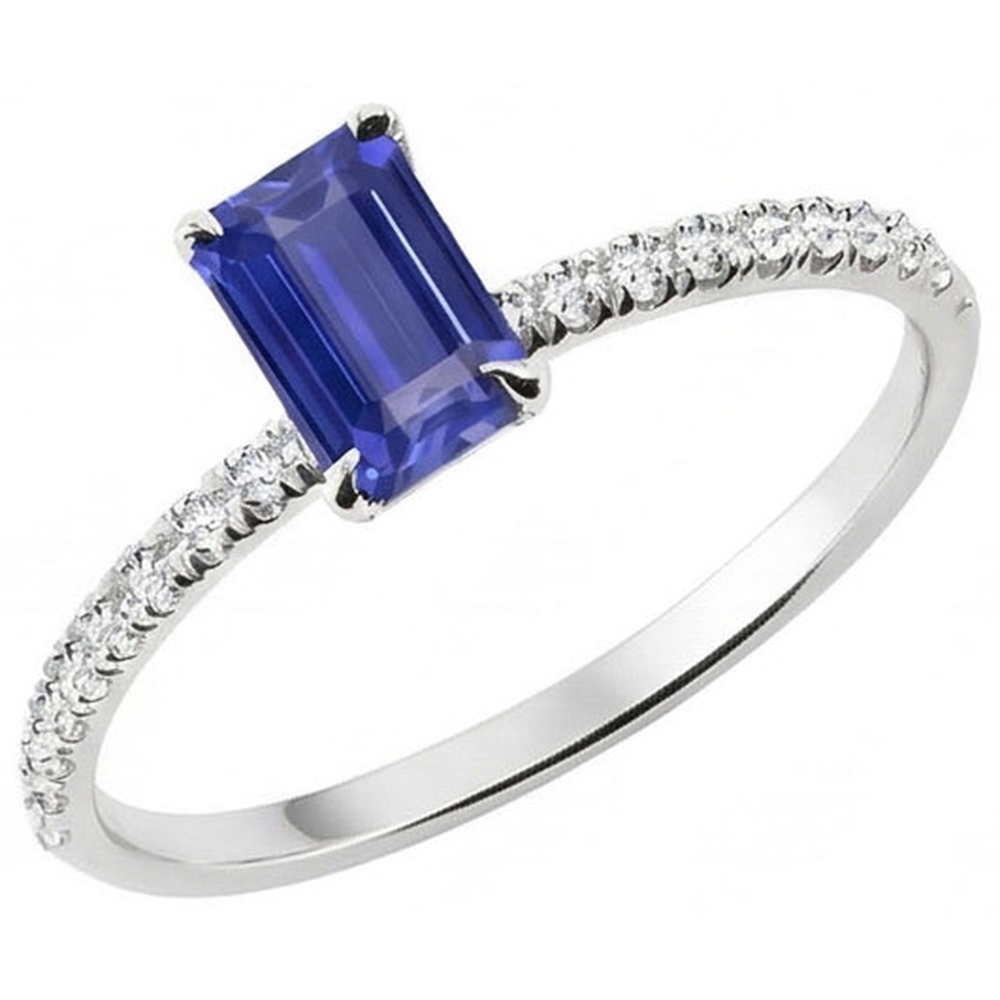 Sparkling Natural Earth Mined Diamond Ring Emerald Cut Srilankan Sapphire 2 Carats Prongs