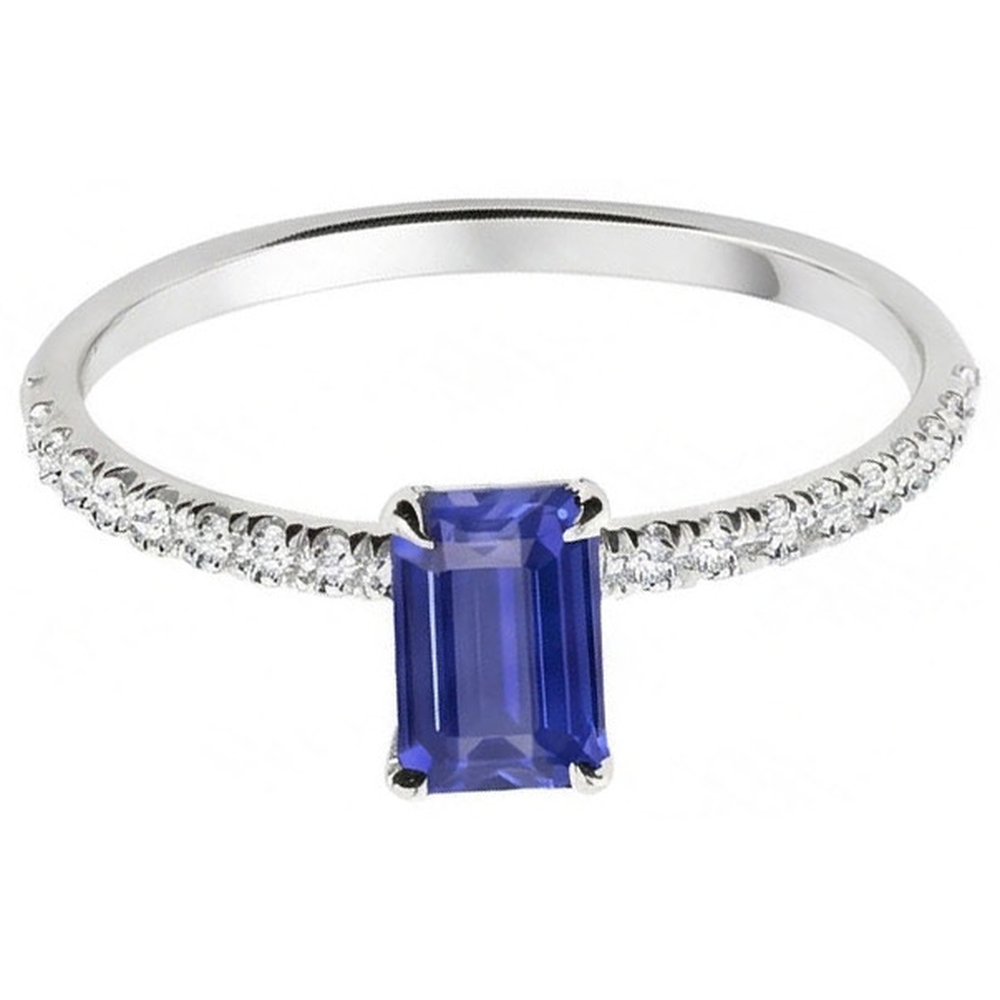 Sparkling Natural Earth Mined Diamond Ring Emerald Cut Srilankan Sapphire 2 Carats Prongs