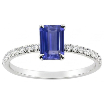 Sparkling Natural Earth Mined Diamond Ring Emerald Cut Srilankan Sapphire 2 Carats Prongs