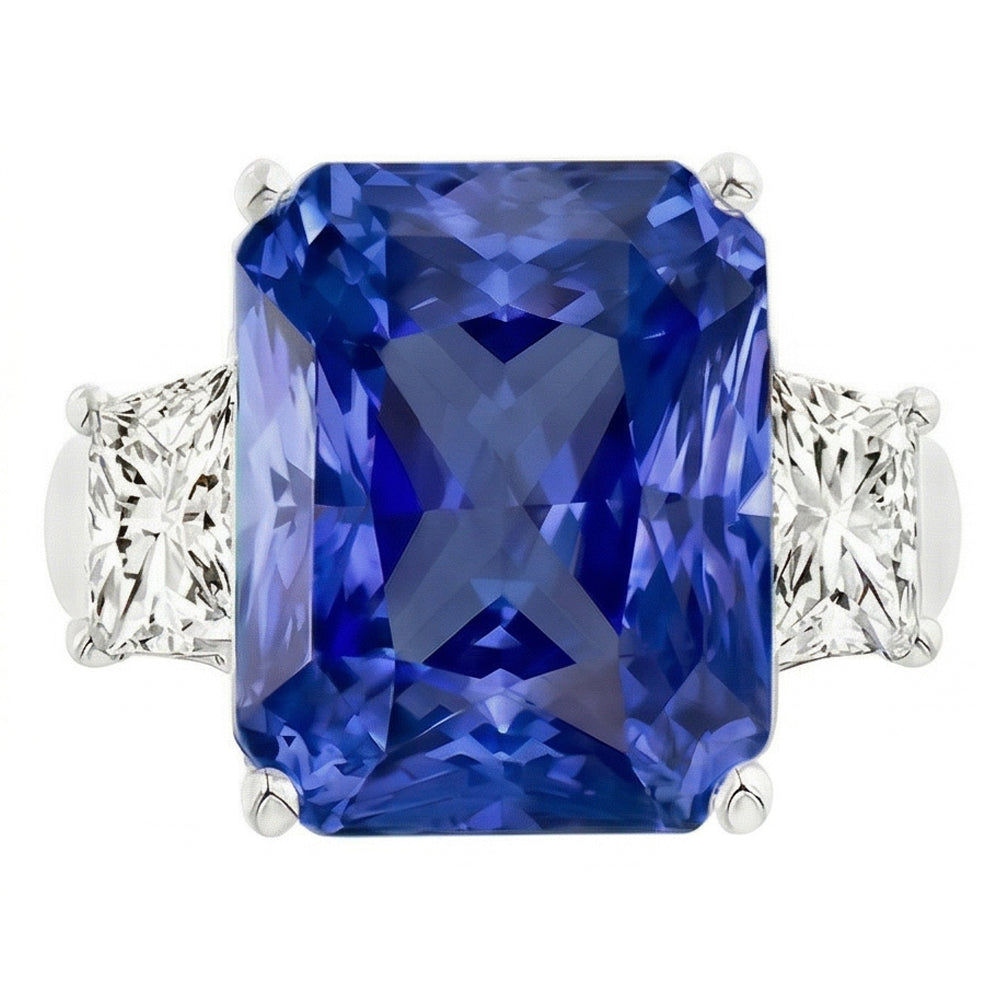 Sparkling Radiant Natural Earth Mined Diamond 3 Stone Ring Sri Lanka Sapphire 3.50 Carats
