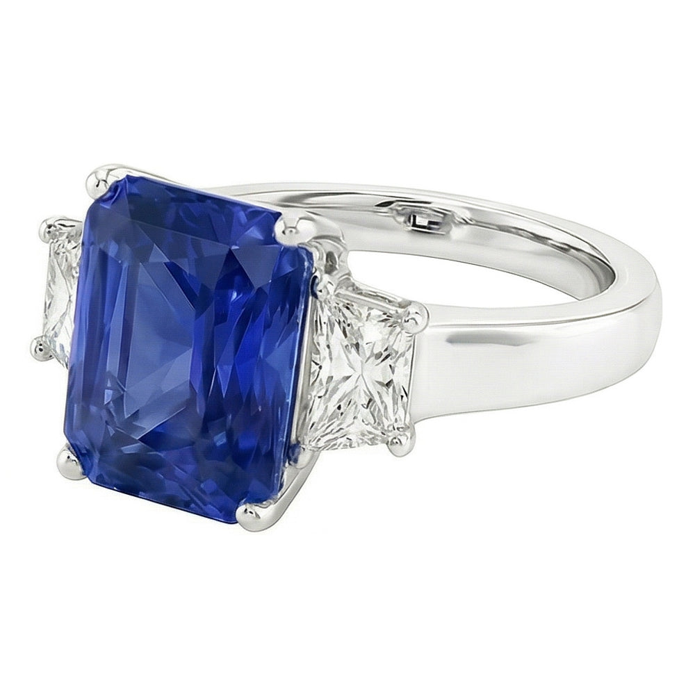 Sparkling Radiant Natural Earth Mined Diamond 3 Stone Ring Sri Lanka Sapphire 3.50 Carats