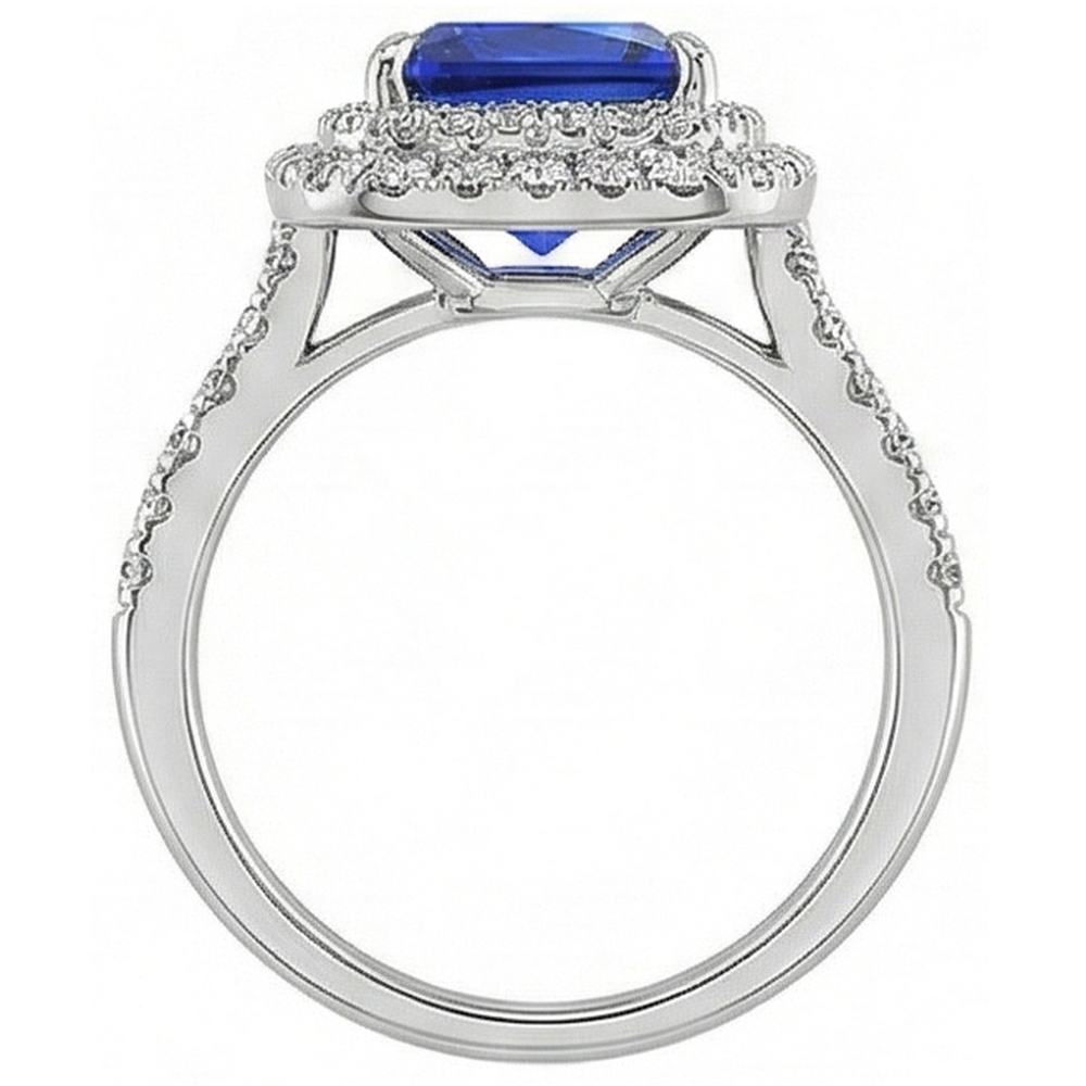 Natural Real ( Not Lab Grown )  Square Cut Double Halo Sri Lankan Sapphire Ring 4.50 Carats White Gold