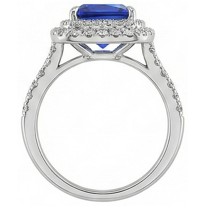 Natural Real ( Not Lab Grown )  Square Cut Double Halo Sri Lankan Sapphire Ring 4.50 Carats White Gold