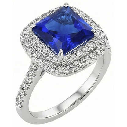 Natural Real ( Not Lab Grown )  Square Cut Double Halo Sri Lankan Sapphire Ring 4.50 Carats White Gold
