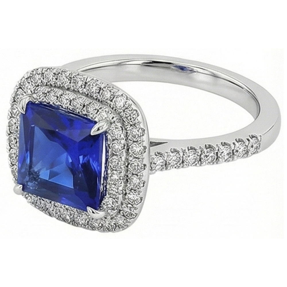 Natural Real ( Not Lab Grown )  Square Cut Double Halo Sri Lankan Sapphire Ring 4.50 Carats White Gold