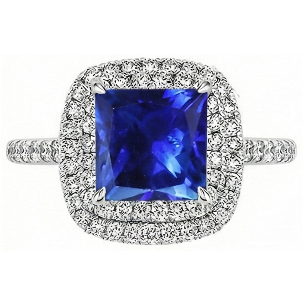 Natural Real ( Not Lab Grown )  Square Cut Double Halo Sri Lankan Sapphire Ring 4.50 Carats White Gold