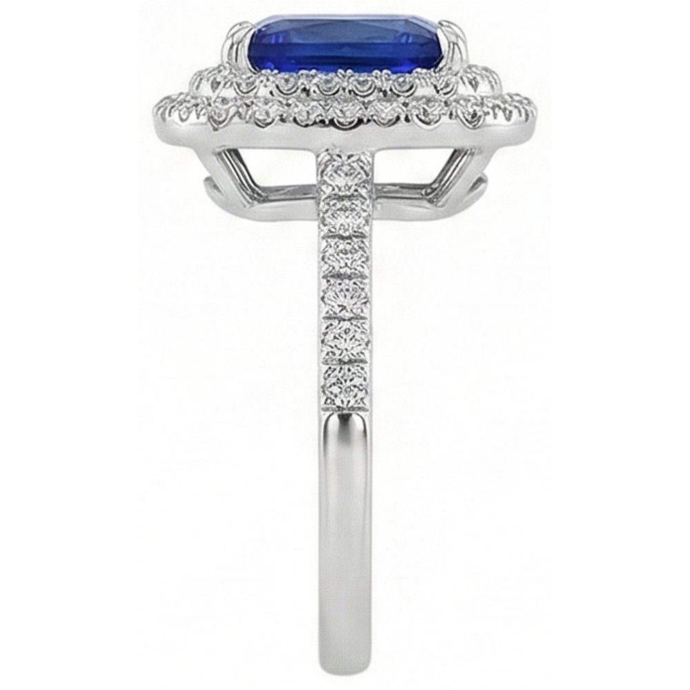 Natural Real ( Not Lab Grown )  Square Cut Double Halo Sri Lankan Sapphire Ring 4.50 Carats White Gold