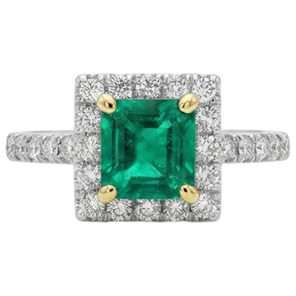 Natural Real ( Not Lab Grown ) Square Green Emerald GIA Halo Ring Scallop Set Diamonds