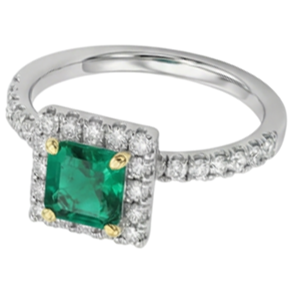 Natural Real ( Not Lab Grown ) Square Green Emerald GIA Halo Ring Scallop Set Diamonds