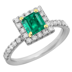Square Green Emerald Halo Ring Scallop Set Diamonds