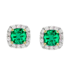 Square Halo Studs Real Diamonds Green Emerald Earrings