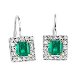Natural Real ( Not Lab Grown ) Square Green Emerald GIA Halo Stud Earrings Princess Cut Lever Backs