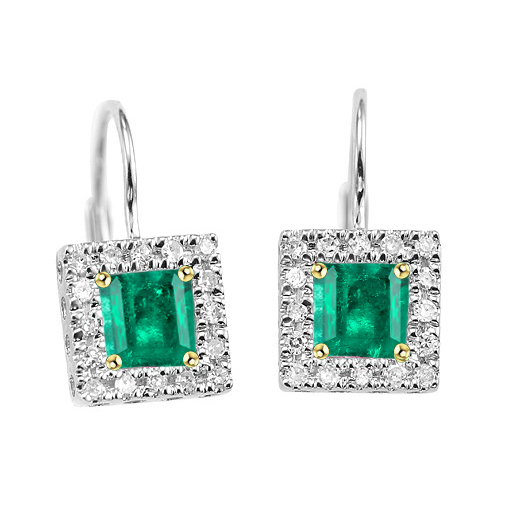 Square Green Emerald Halo Stud Earrings Princess Cut With Lever Backs