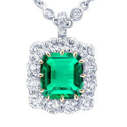 Square Green Emerald Pendant Halo Diamond Jewelry