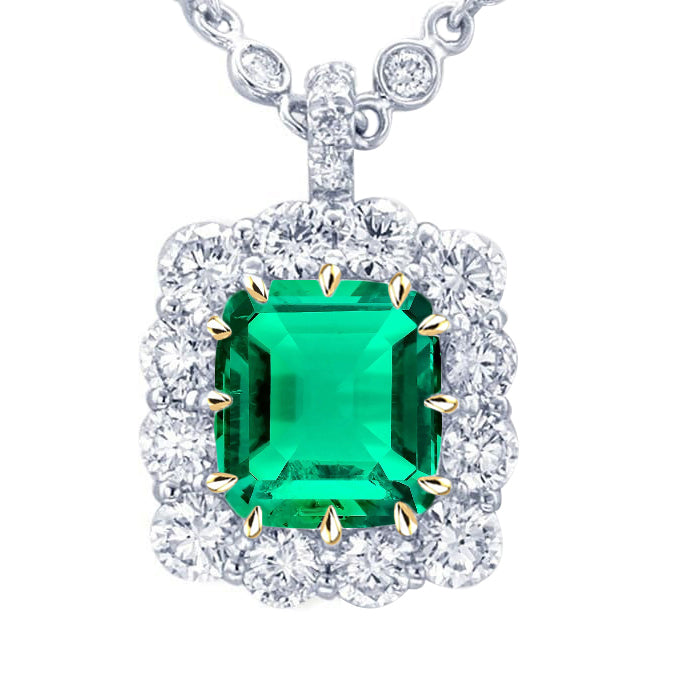 Square Green Emerald Pendant Halo Diamond Jewelry