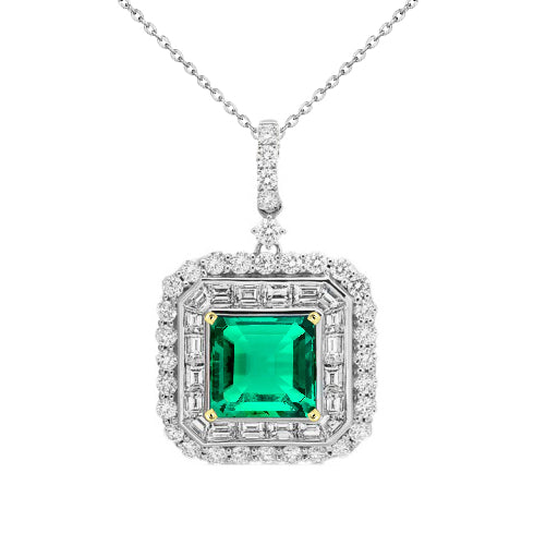 Square Green Emerald & Diamond Pendant Ladies Jewelry