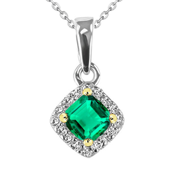 Square Shape Halo Green Emerald Pendant Necklace
