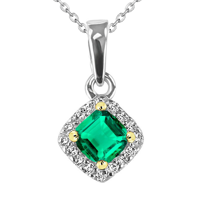 Square Shape Halo Green Emerald Pendant Necklace