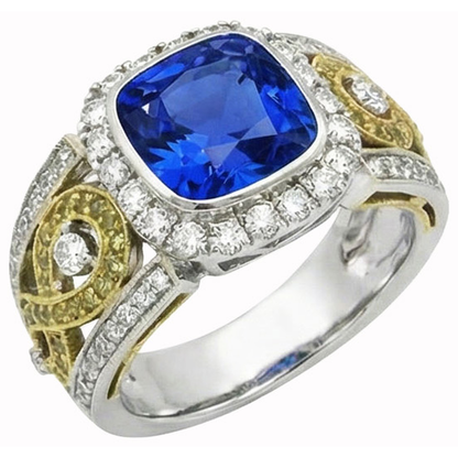 Sri Lanka Blue Sapphire Cushion Natural Earth Mined Diamonds Ring 3.25 Carats Two Tone 14K