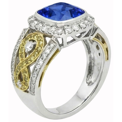 Sri Lanka Blue Sapphire Cushion Natural Earth Mined Diamonds Ring 3.25 Carats Two Tone 14K