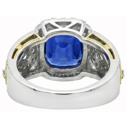 Sri Lanka Blue Sapphire Cushion Natural Earth Mined Diamonds Ring 3.25 Carats Two Tone 14K