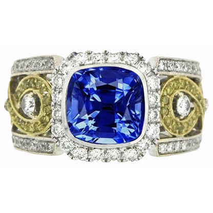Sri Lanka Blue Sapphire Cushion Natural Earth Mined Diamonds Ring 3.25 Carats Two Tone 14K