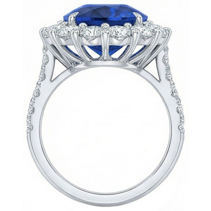 Sri Lanka Blue Sapphire Halo Natural Earth Mined Diamond Ring 4.50 Carats White Gold 14K