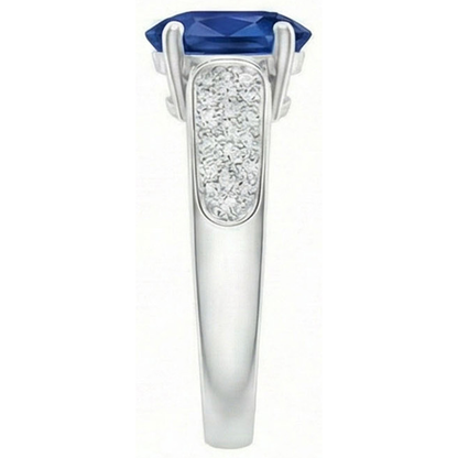 Sri Lanka Blue Sapphire Round Natural Earth Mined Diamonds Ring White Gold 4.40 Carats