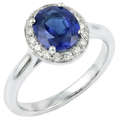 Sri Lanka Sapphire Oval And Round Natural Earth Mined Diamond Ring Gold 14K 2.90 Ct.