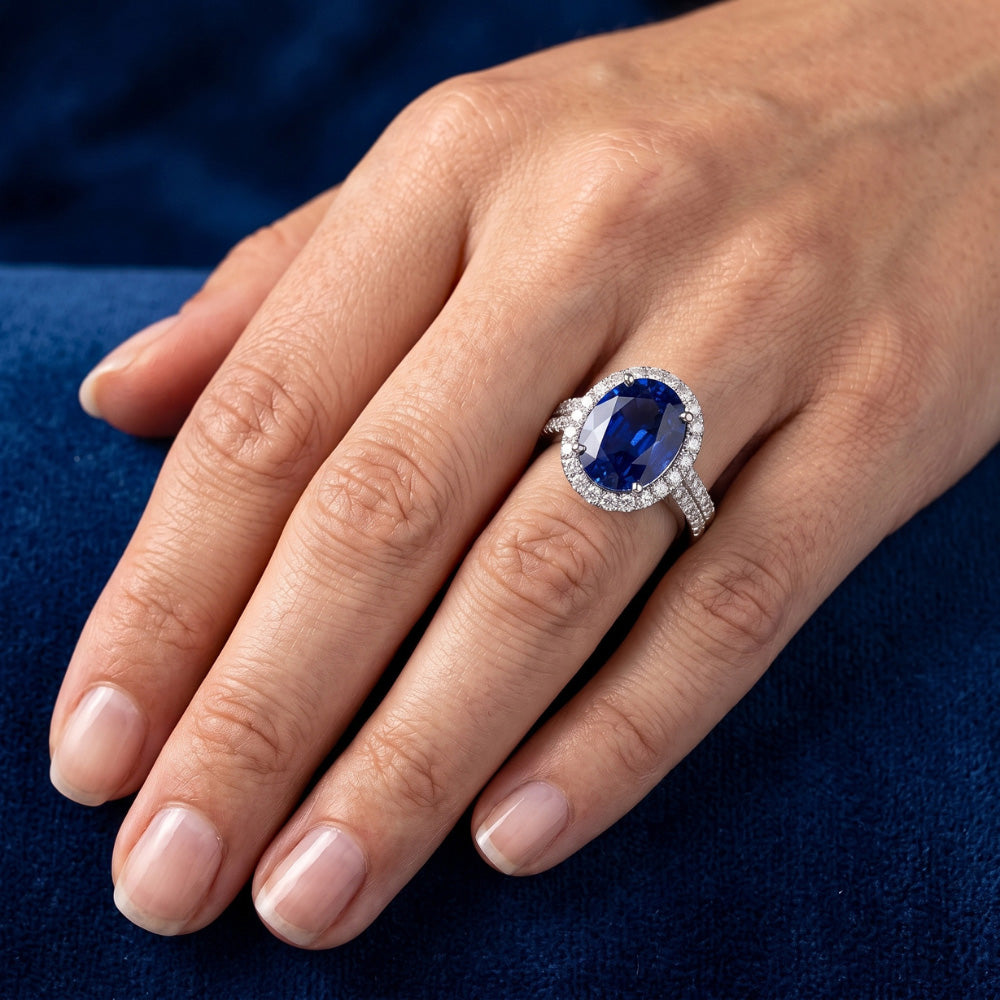 Sri Lanka Sapphire Oval And Round Natural Earth Mined Diamonds 7.01 Ct Ring Diamonds