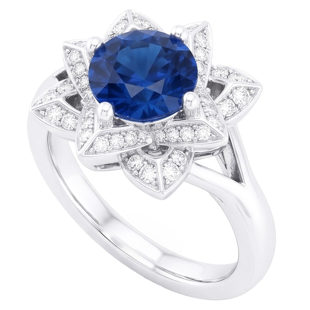 Sri Lanka Sapphire With Natural Earth Mined Diamonds 3 Ct Flower Ring White Gold 14K
