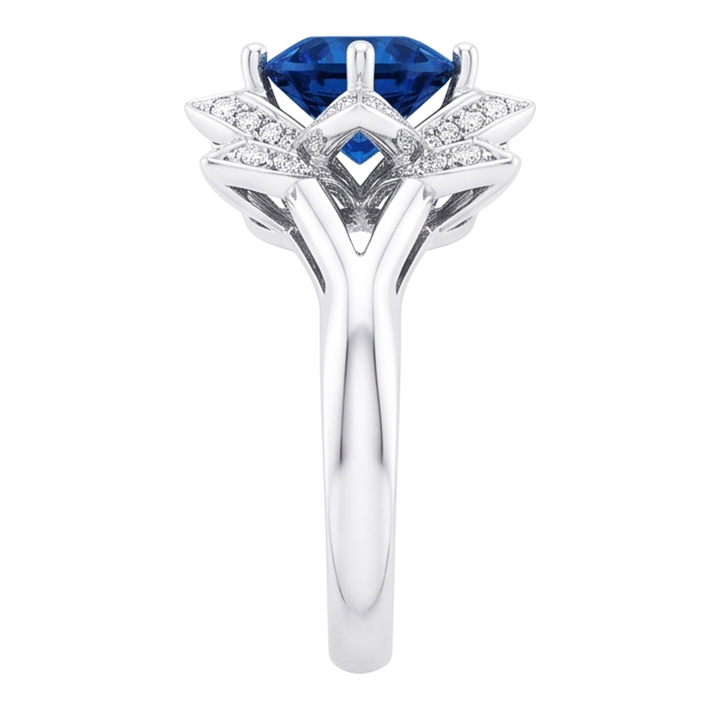 Sri Lanka Sapphire With Natural Earth Mined Diamonds 3 Ct Flower Ring White Gold 14K