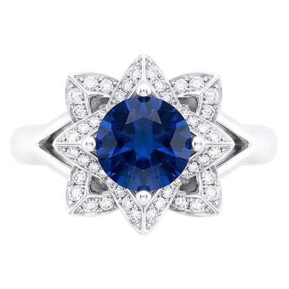 Sri Lanka Sapphire With Natural Earth Mined Diamonds 3 Ct Flower Ring White Gold 14K