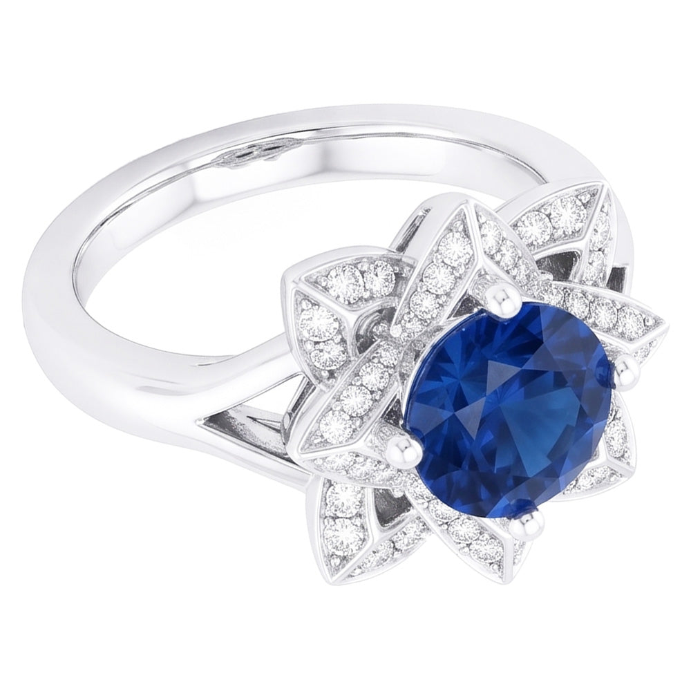 Sri Lanka Sapphire With Natural Earth Mined Diamonds 3 Ct Flower Ring White Gold 14K