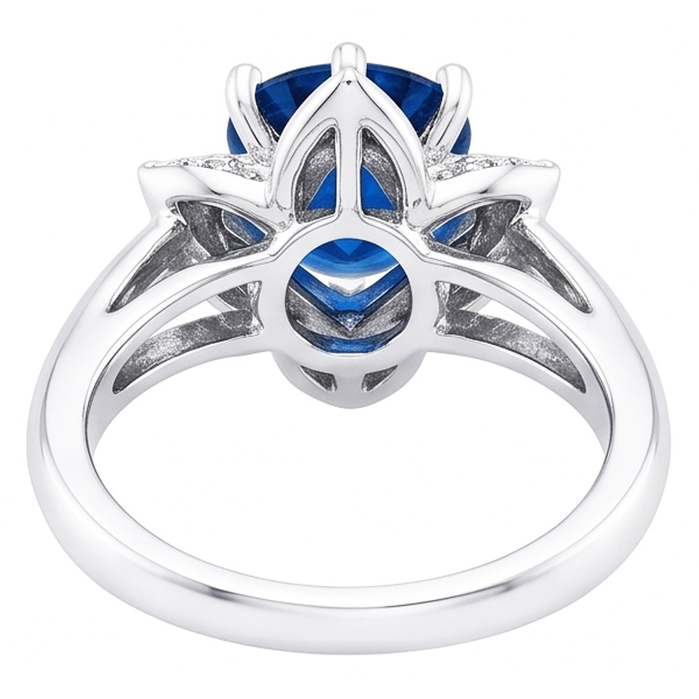 Sri Lanka Sapphire With Natural Earth Mined Diamonds 3 Ct Flower Ring White Gold 14K