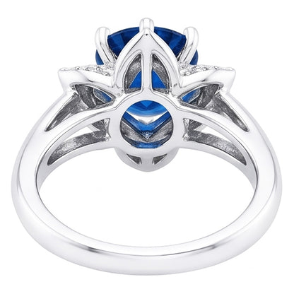 Sri Lanka Sapphire With Natural Earth Mined Diamonds 3 Ct Flower Ring White Gold 14K