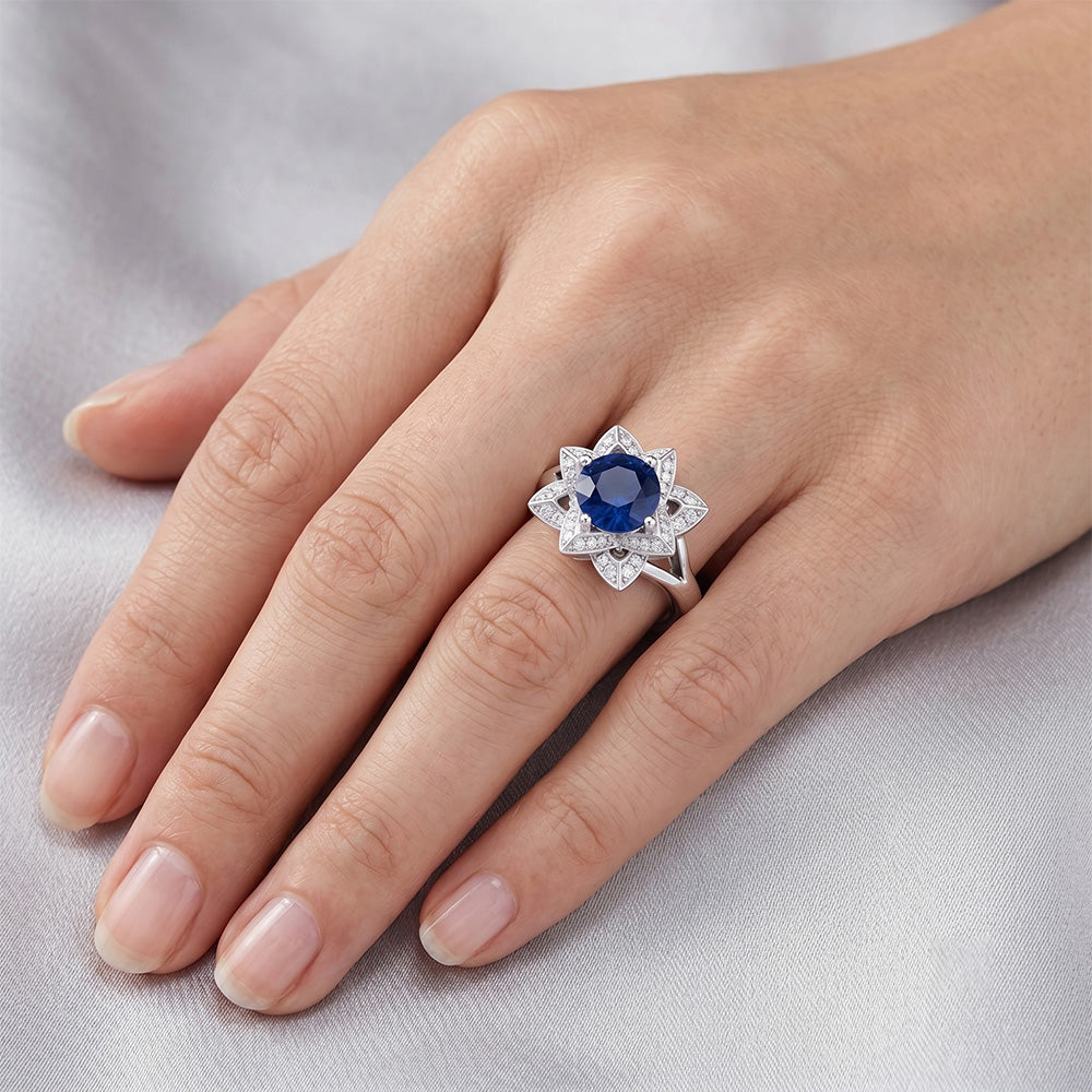 Sri Lanka Sapphire With Natural Earth Mined Diamonds 3 Ct Flower Ring White Gold 14K