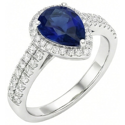 Sri Lankan Blue Sapphire Pear & Round Natural Earth Mined Diamond Ring 2.75 Carat WG 14K