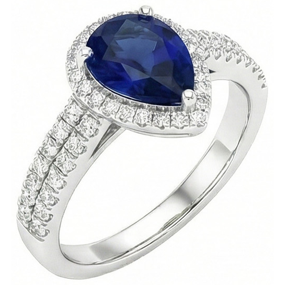 Sri Lankan Blue Sapphire Pear & Round Natural Earth Mined Diamond Ring 2.75 Carat WG 14K