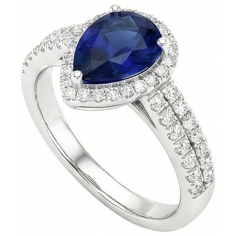 Sri Lankan Blue Sapphire Pear & Round Natural Earth Mined Diamond Ring 2.75 Carat WG 14K