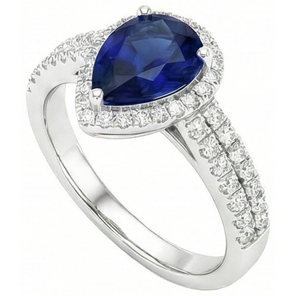 Sri Lankan Blue Sapphire Pear & Round Natural Earth Mined Diamond Ring 2.75 Carat WG 14K