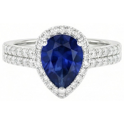 Sri Lankan Blue Sapphire Pear & Round Natural Earth Mined Diamond Ring 2.75 Carat WG 14K