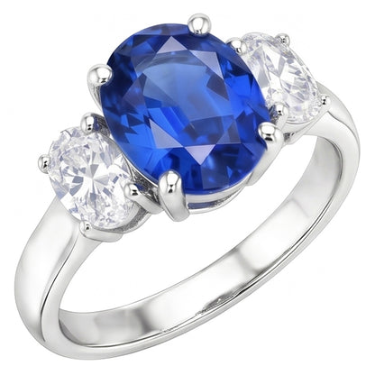 Sri Lankan Blue Sapphire & Natural Earth Mined Diamond Ring 3 Stone 2.60 Carat WG 14K