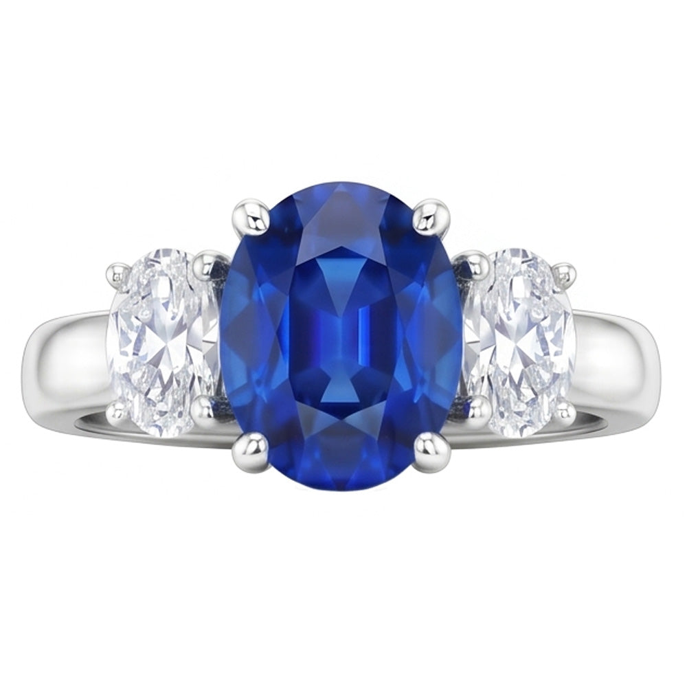 Sri Lankan Blue Sapphire & Natural Earth Mined Diamond Ring 3 Stone 2.60 Carat WG 14K